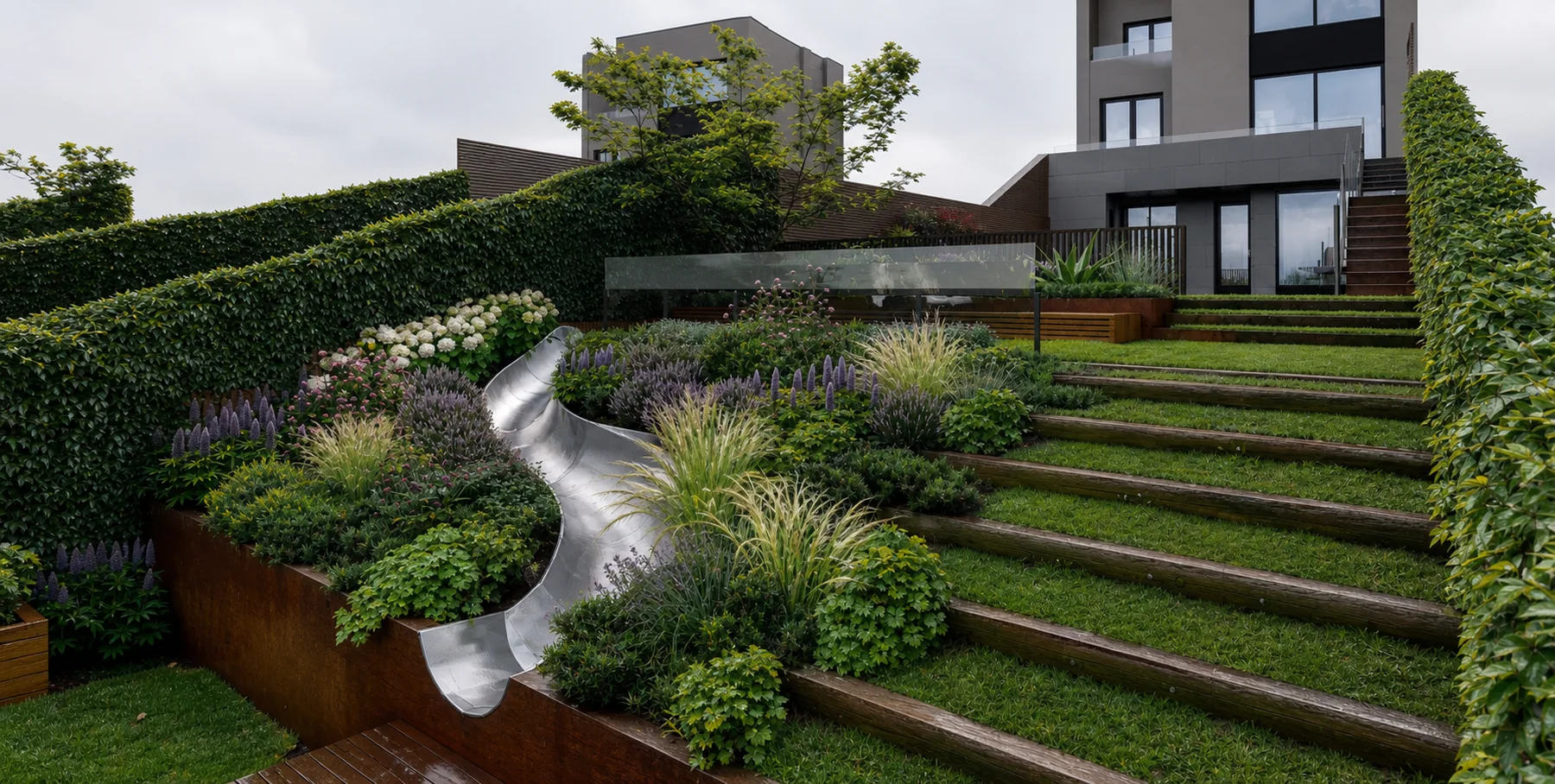 Diseño de jardín contemporáneo con tres terrazas en Atotxa Erreka, San Sebastián